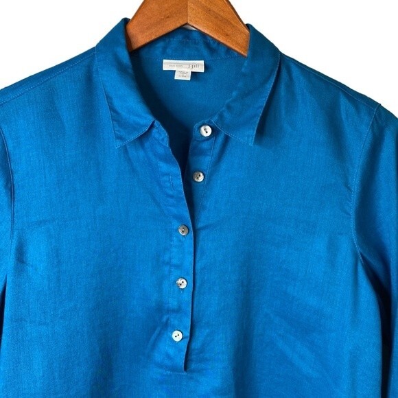 J Jill Love Linen Relaxed Tunic Top 3/4 Sleeve Popover Placket Collared High/Low - Picture 3 of 15